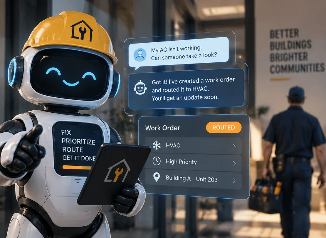 An illustration of the service at work: a tenant texts &ldquo;my AC isn&rsquo;t working,&rdquo; the bot replies that it has created a work order and routed it to HVAC, and a work-order card shows HVAC, High Priority, Building A Unit 203, marked Routed.